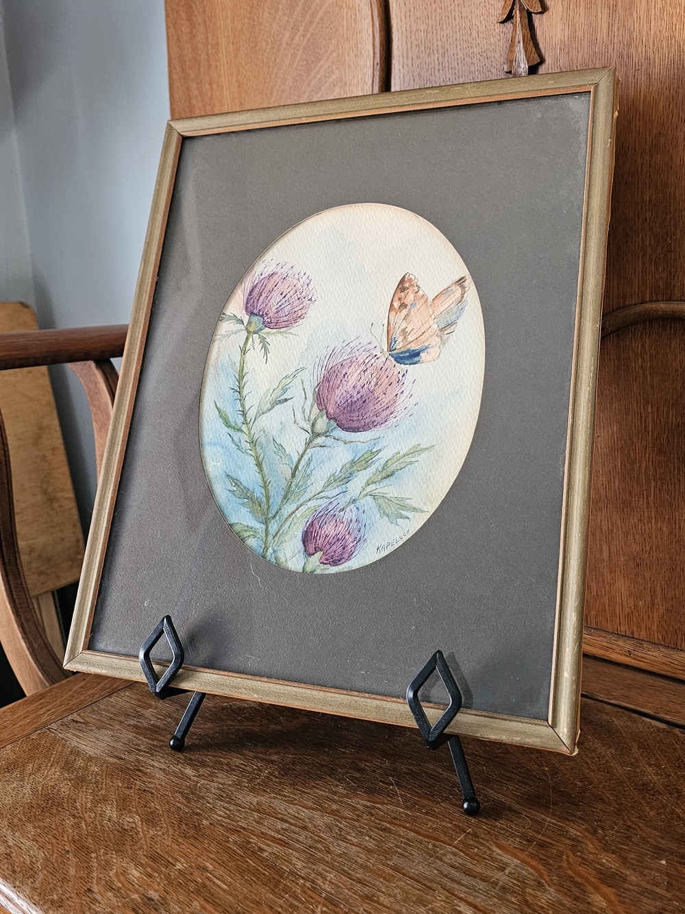 Vintage Original Watercolor Thistle Butterfly Signed Botanical Framed Art